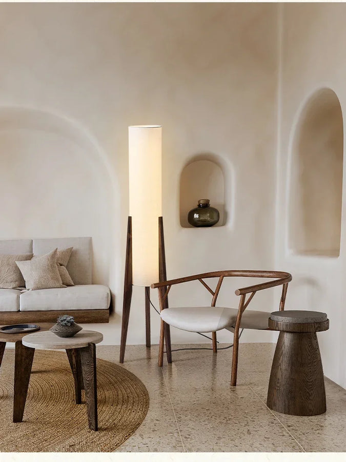 Lampadaire Cylindre Tissu Blanc et Bois Naturel - Salon Bureau Chambre — Canna