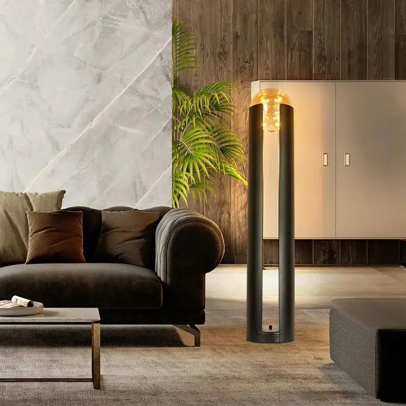 Lampadaire Cylindre Métal Noir et Verre Ambré - Salon Bureau Chambre — Prisme