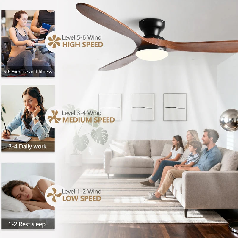 Ventilateur de Plafond Bois Massif avec Éclairage LED
