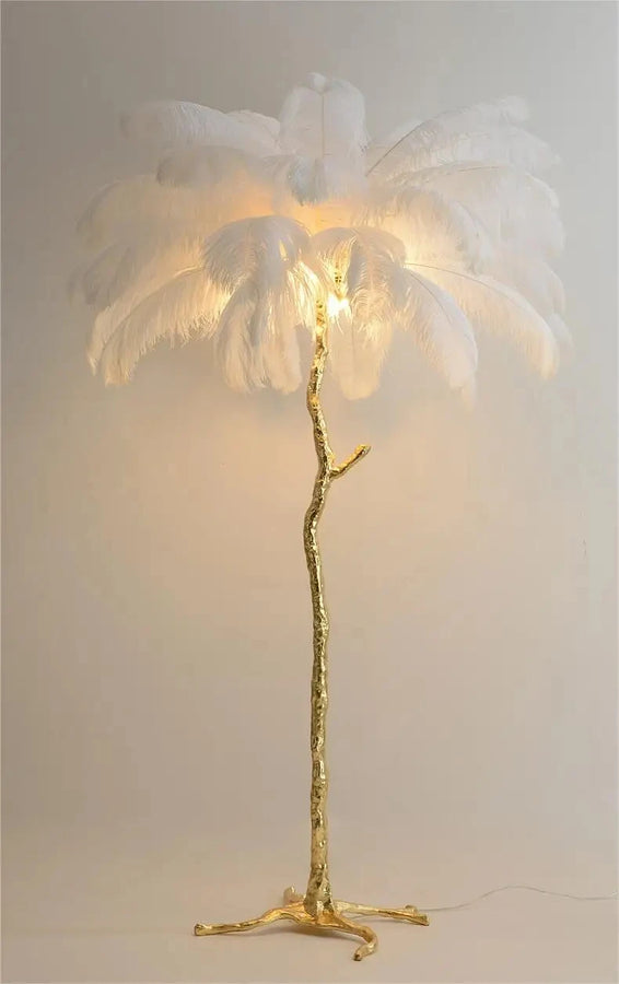 Lampadaire Plumes Blanches et Métal Doré Art Déco - Salon Bureau Chambre — Aigrette