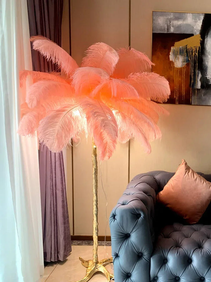Lampadaire Feuillage Plumes Crème et Métal Doré - Salon Bureau Chambre — Folia
