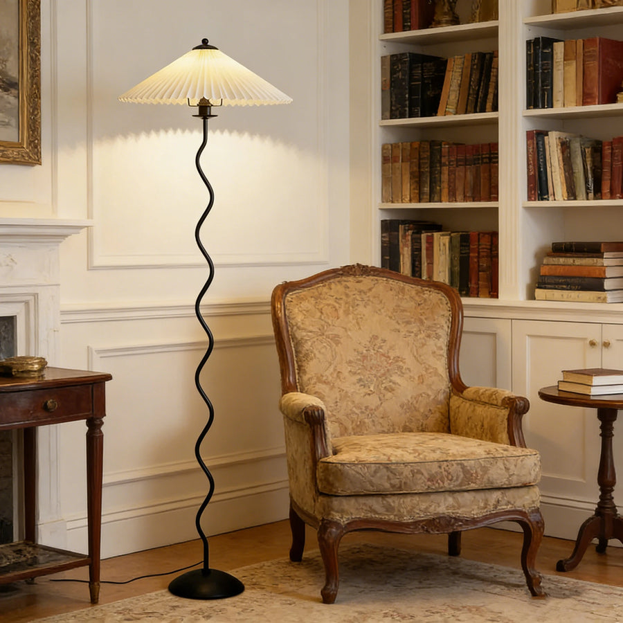 Lampadaire Spirale Métal Noir et Abat-Jour Plissé - Salon Bureau Chambre — Spiro