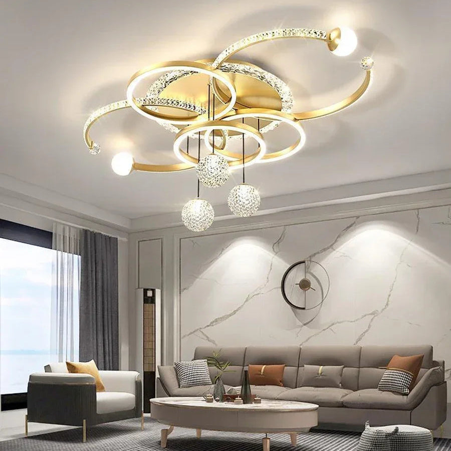 Lustre Plafonnier Anneaux Laiton Doré Minimaliste Dimmable Design - Salon Salle à Manger — Orbit