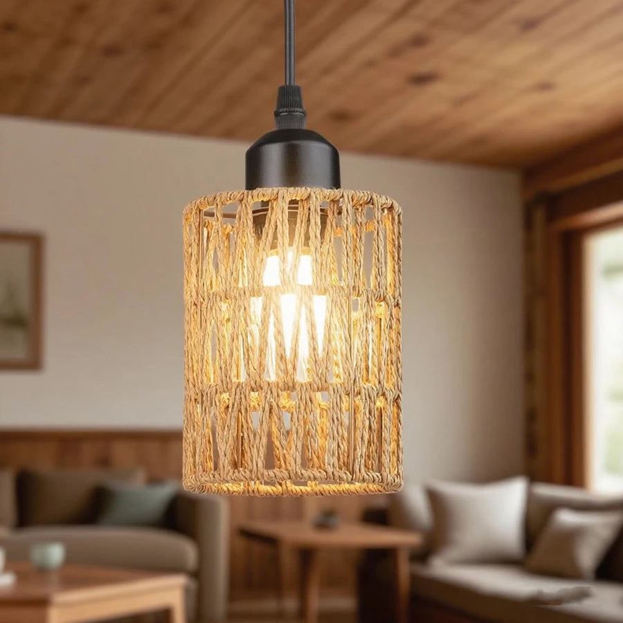Suspension Rotin Tressé Naturel Cylindre Bohème - Cuisine Chambre Salon — Sono