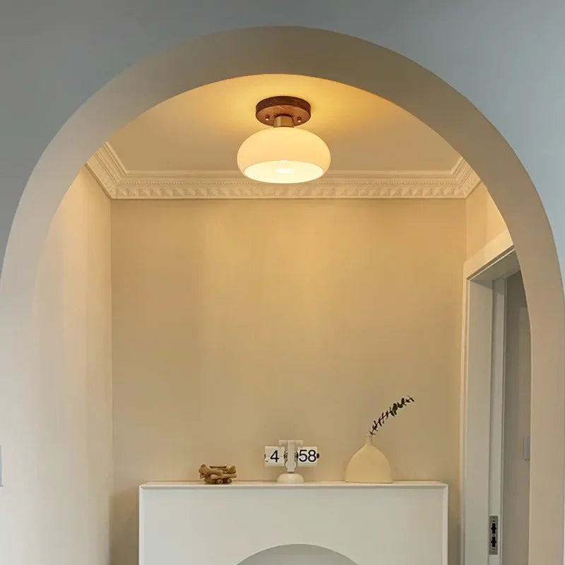 Plafonnier Dôme Verre Opalin et Bois Noyer - Salon Chambre Salle à Manger — Calotte