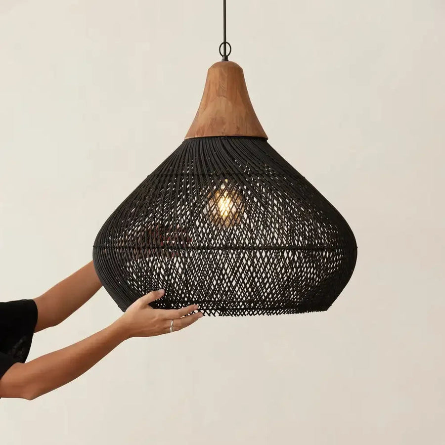 Suspension Goutte Rotin Noir et Bois Naturel - Cuisine Chambre Salon — Drops