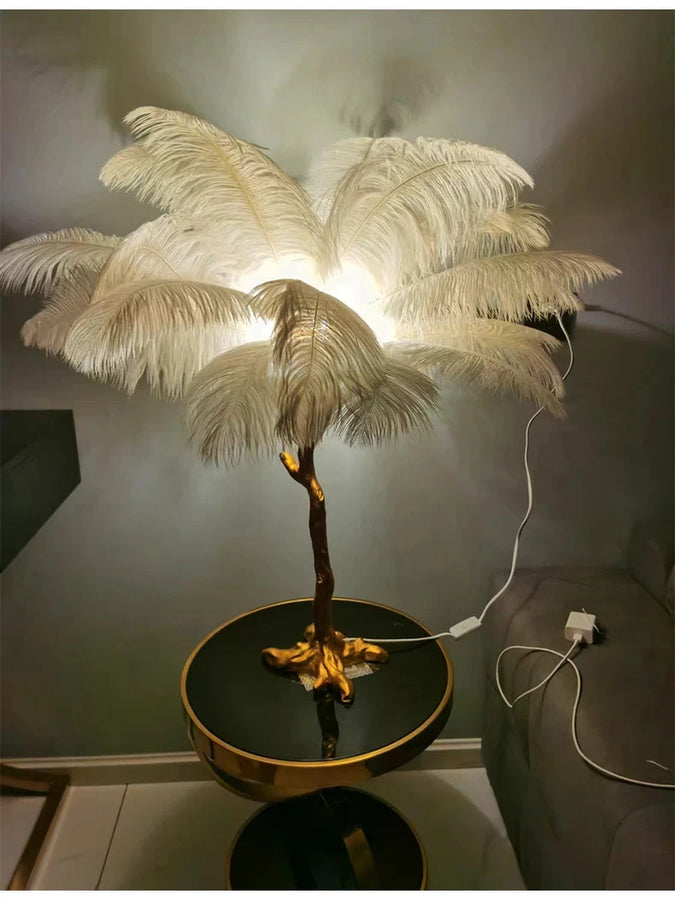 Lampadaire Feuillage Plumes Crème et Métal Doré - Salon Bureau Chambre — Folia
