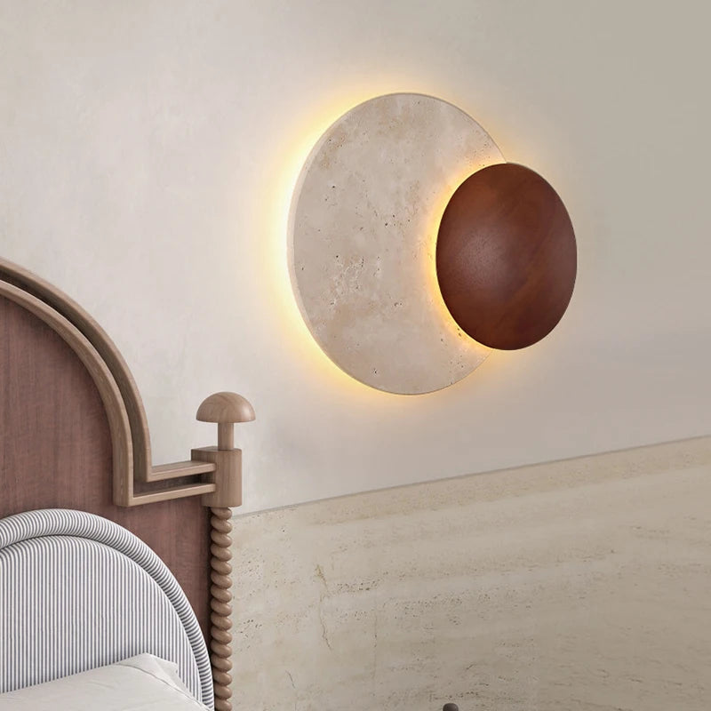 Applique Murale Disque Bois et Pierre Épurée Design Moderne Ronde - Chambre Salon Salle de Bain — Caël