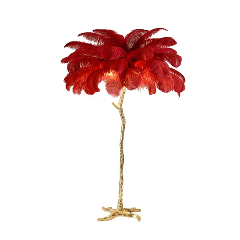 Lampadaire Feuillage Plumes Blanches et Métal Doré Art Déco - Salon Bureau Chambre — Folium