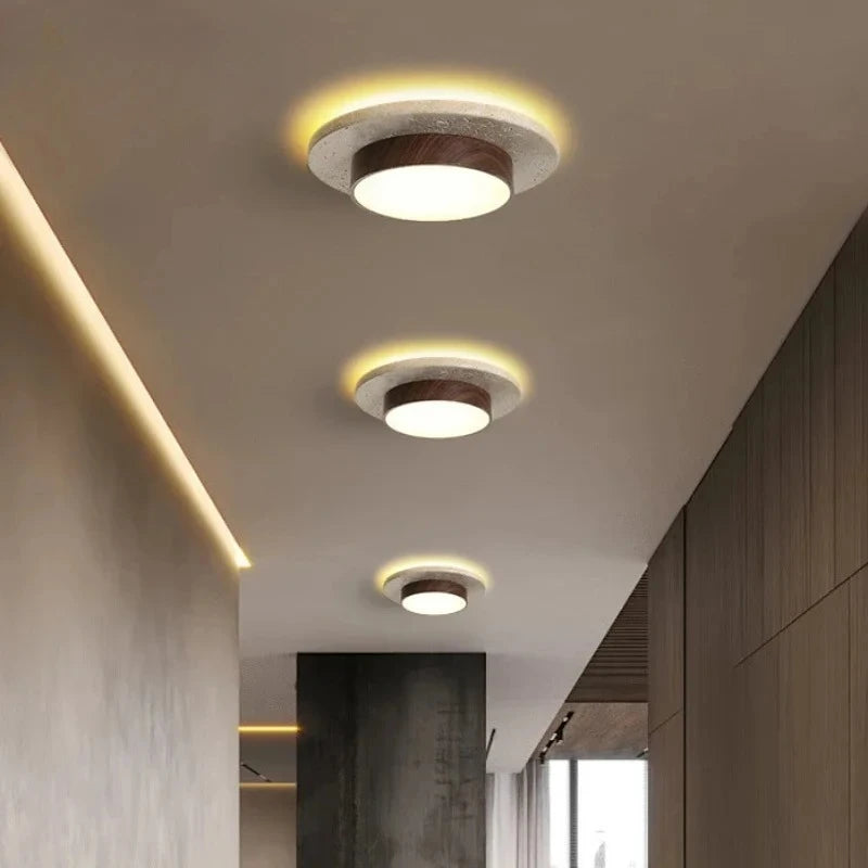 Plafonnier Béton Brut et Bois Naturel Anneau LED - Salon Cuisine Chambre — Quantum