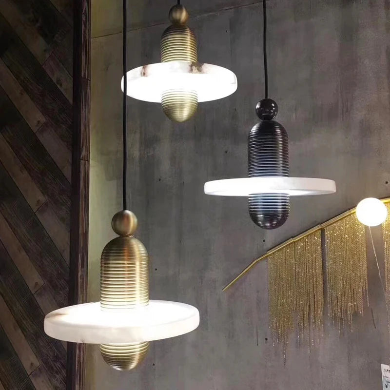 Suspension Cylindre Laiton et Marbre Blanc Art Déco - Chambre Salon Cuisine — Arabella