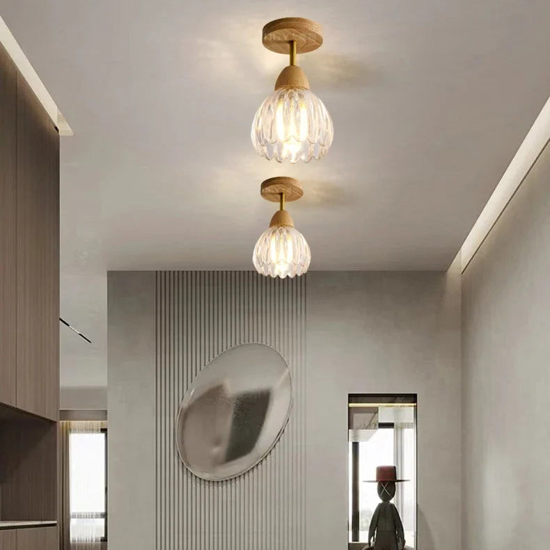 Suspension Cloche Verre Transparent et Bois Naturel - Cuisine Chambre Salon — Campanio