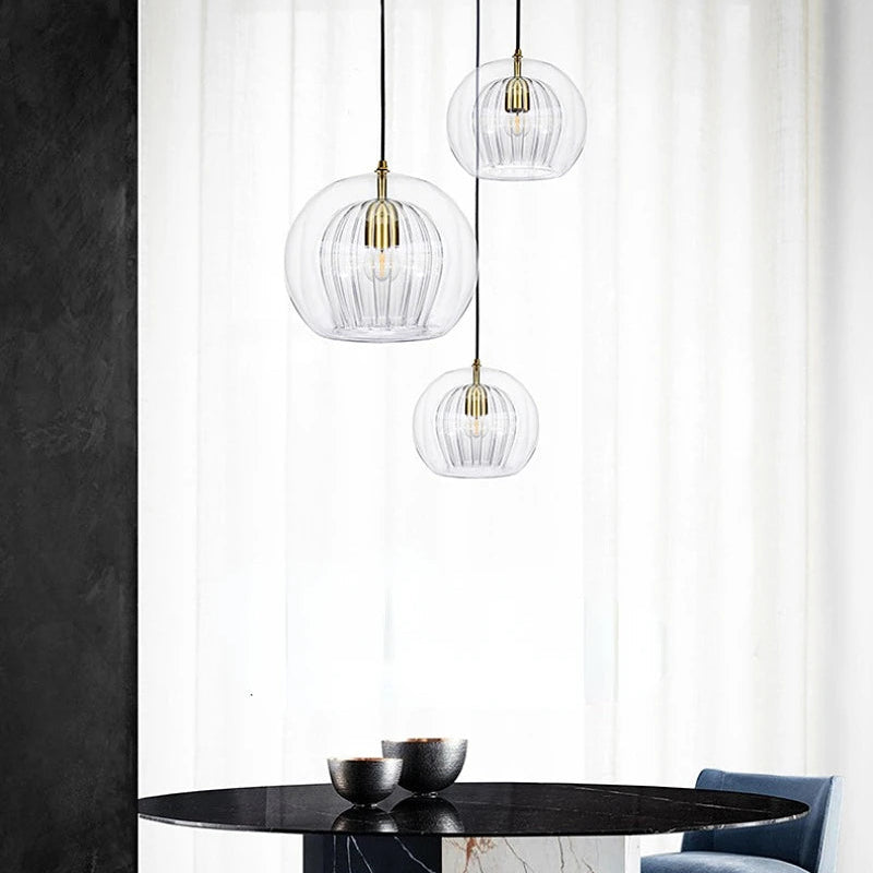 Suspension Sphères Verre Transparent et Laiton Doré Boule - Cuisine Salon Salle à Manger — Pléiade