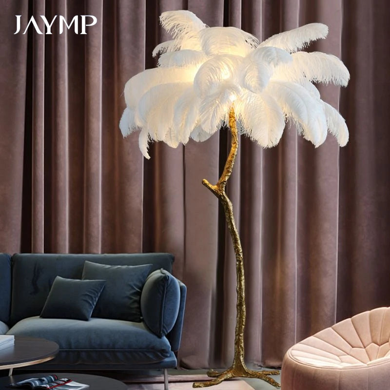 Lampadaire Plumes Blanches et Métal Doré Art Déco - Salon Bureau Chambre — Aigrette
