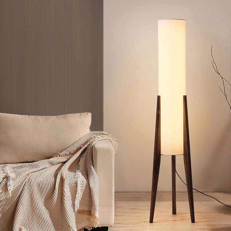 Lampadaire Cylindre Tissu Blanc et Bois Naturel - Salon Bureau Chambre — Canna
