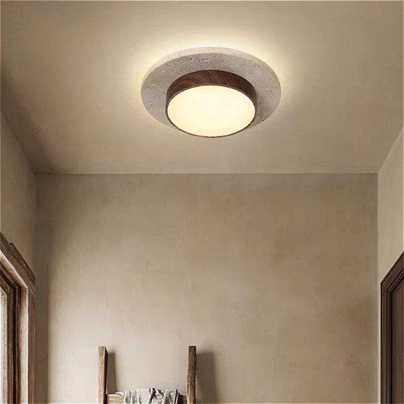 Plafonnier Béton Brut et Bois Naturel Anneau LED - Salon Cuisine Chambre — Quantum