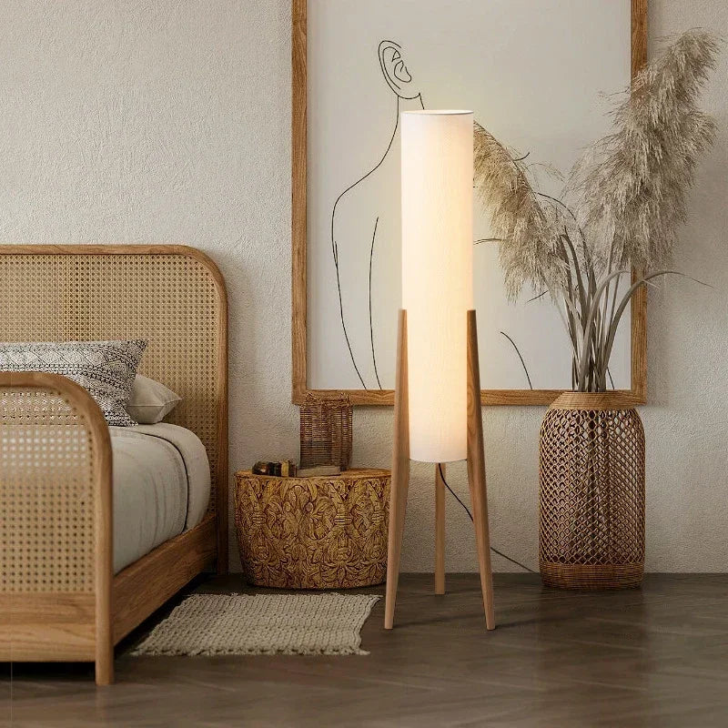 Lampadaire Cylindre Tissu Blanc et Bois Naturel - Salon Bureau Chambre — Canna