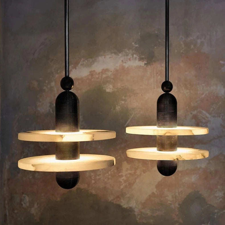 Suspension Cylindre Laiton et Marbre Blanc Art Déco - Chambre Salon Cuisine — Arabella