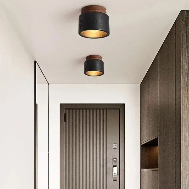 Plafonnier Cylindre Béton Noir et Bois Naturel - Salon Chambre Salle à Manger — Mimosa