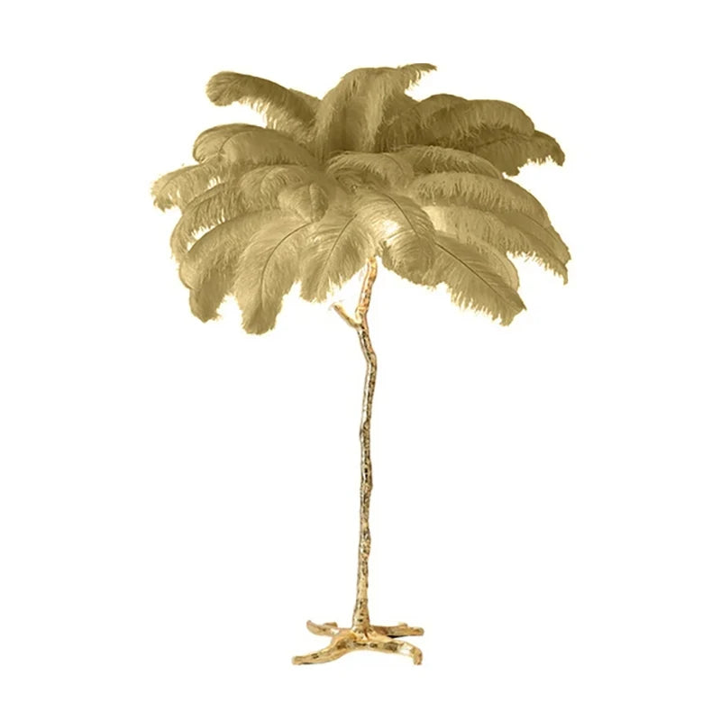 Lampadaire Feuillage Plumes Blanches et Métal Doré Art Déco - Salon Bureau Chambre — Folium