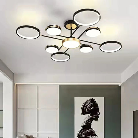 Lustre Anneaux Métal Noir et Doré Minimaliste Design - Salon Salle à Manger — Candeo