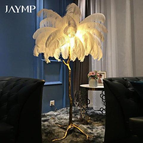 Lampadaire Plumes Blanches et Métal Doré Art Déco - Salon Bureau Chambre — Aigrette