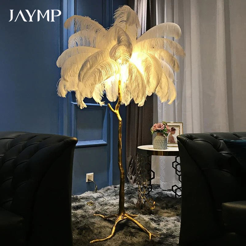 Lampadaire Plumes Blanches et Métal Doré Art Déco - Salon Bureau Chambre — Aigrette