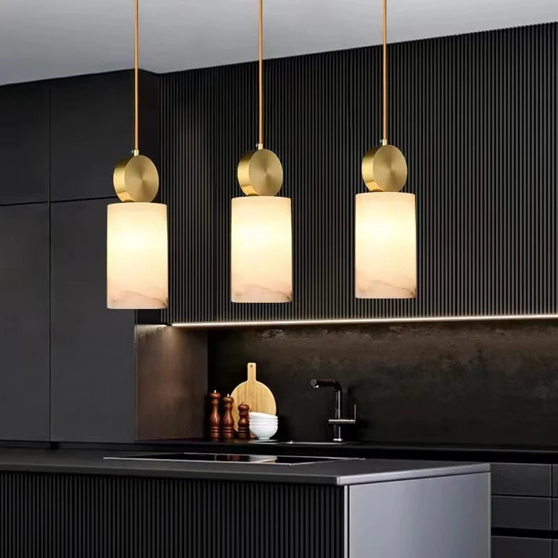 Suspension Cylindre Laiton et Albâtre Blanc Minimaliste Design - Chambre Salon Cuisine — Lucca