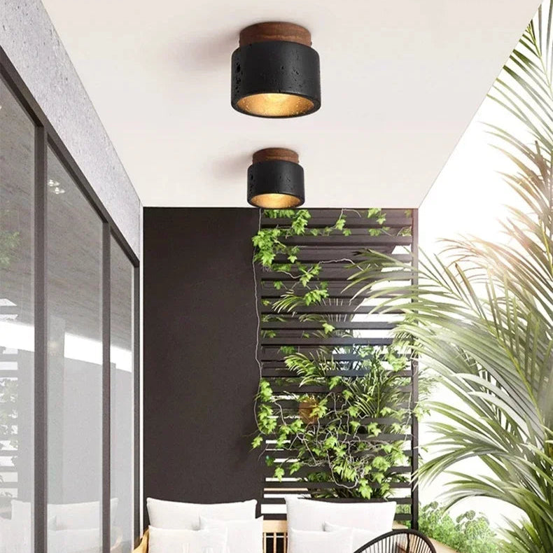 Plafonnier Cylindre Béton Noir et Bois Naturel - Salon Chambre Salle à Manger — Mimosa