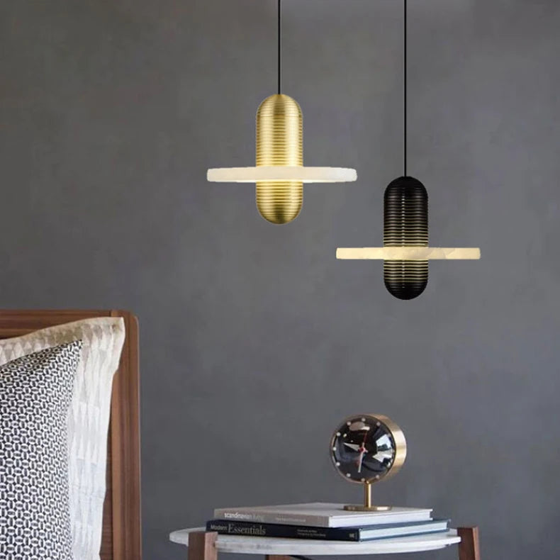 Suspension Cylindre Laiton et Marbre Blanc Art Déco - Chambre Salon Cuisine — Arabella