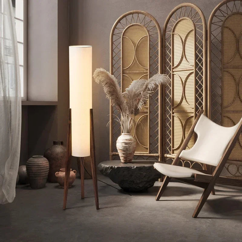 Lampadaire Cylindre Tissu Blanc et Bois Naturel - Salon Bureau Chambre — Canna