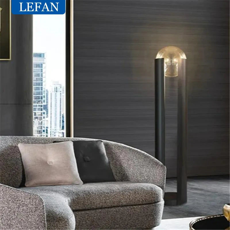 Lampadaire Cylindre Métal Noir et Verre Ambré - Salon Bureau Chambre — Prisme