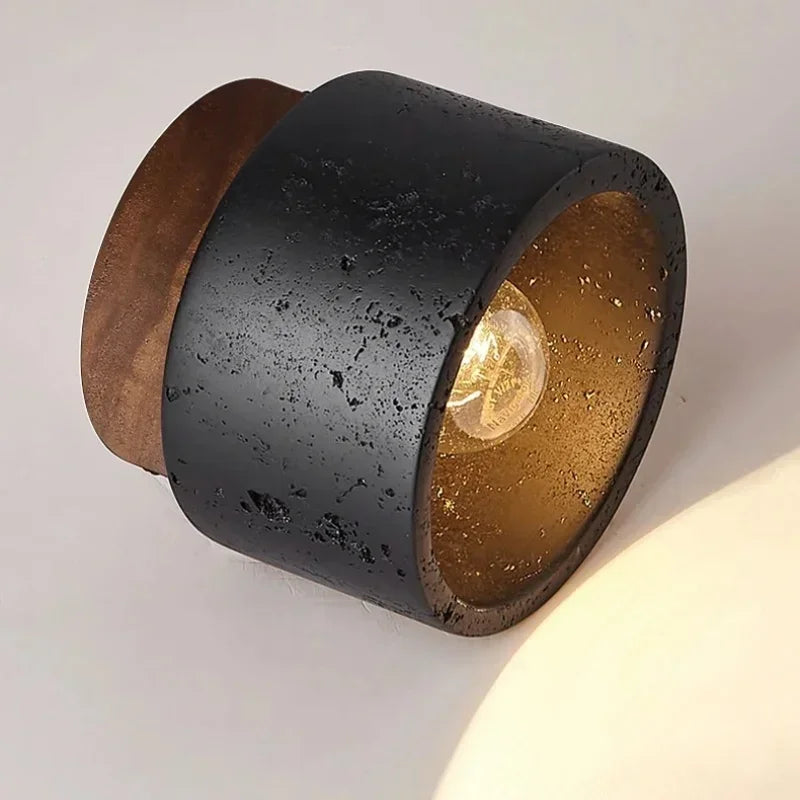 Plafonnier Cylindre Béton Noir et Bois Naturel - Salon Chambre Salle à Manger — Mimosa