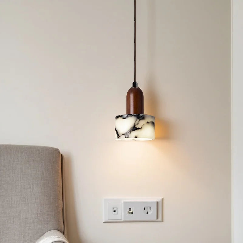 Suspension Cylindre Marbre Blanc et Bois Naturel - Cuisine Chambre Salon — Artemis