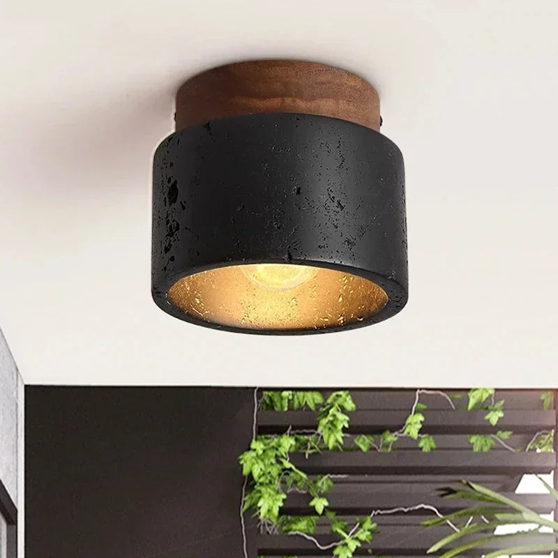 Plafonnier Cylindre Béton Noir et Bois Naturel - Salon Chambre Salle à Manger — Mimosa