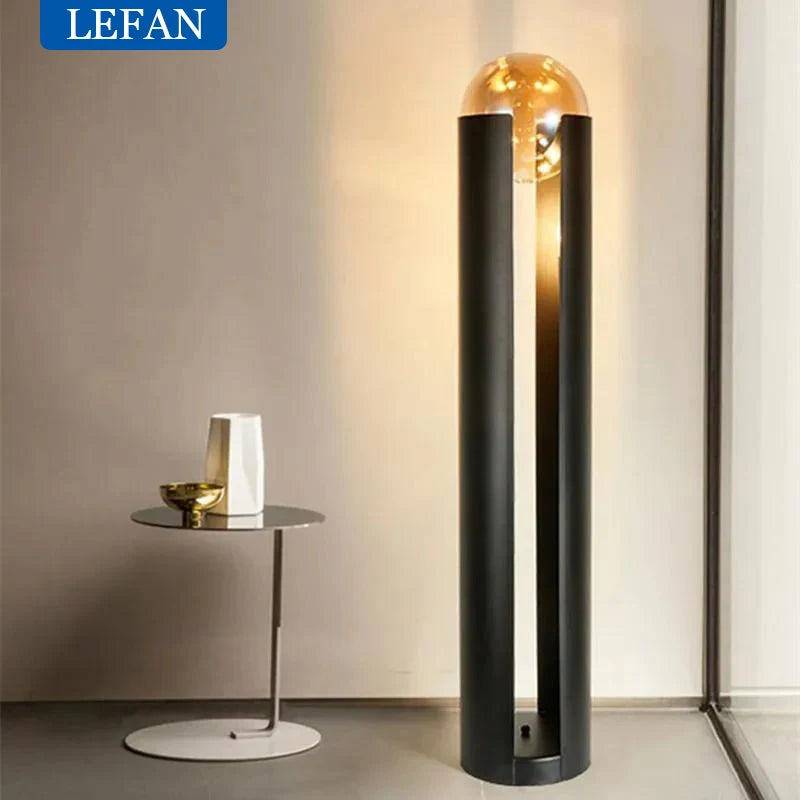 Lampadaire Cylindre Métal Noir et Verre Ambré - Salon Bureau Chambre — Prisme