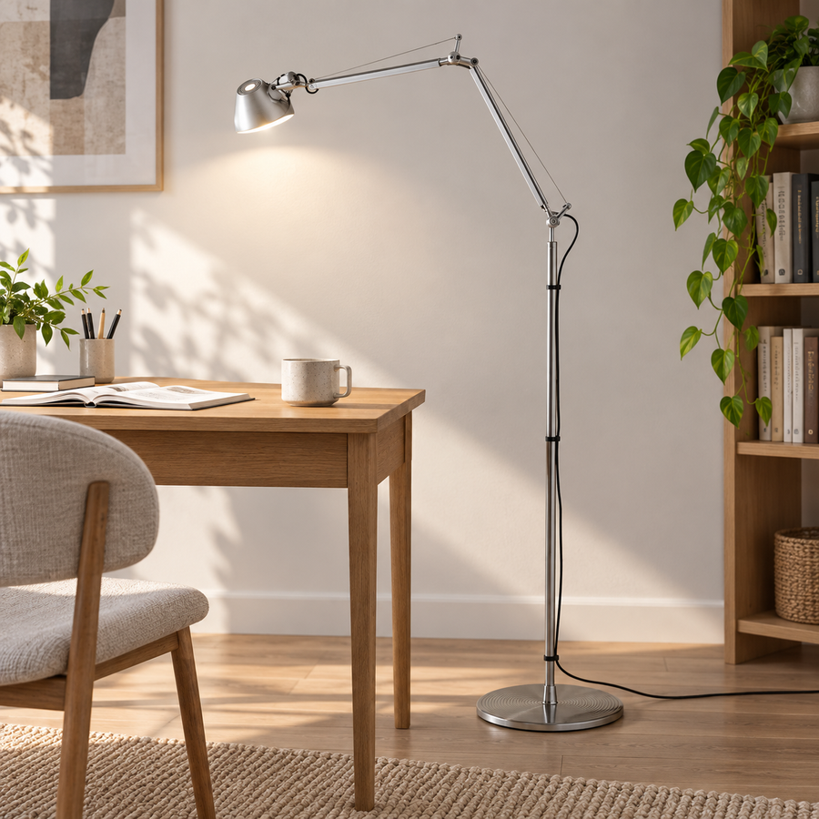 Aura — lampadaire articulé argenté — ambiance 3