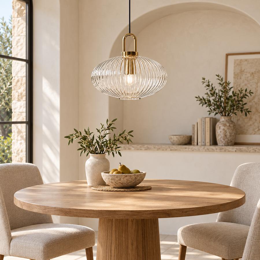 Presto modèle C transparent — suspension diamètre 30 cm au-dessus d’une table ronde