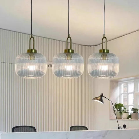 Suspension Cylindre Verre Strié et Laiton Doré - Chambre Salon Cuisine — Presto