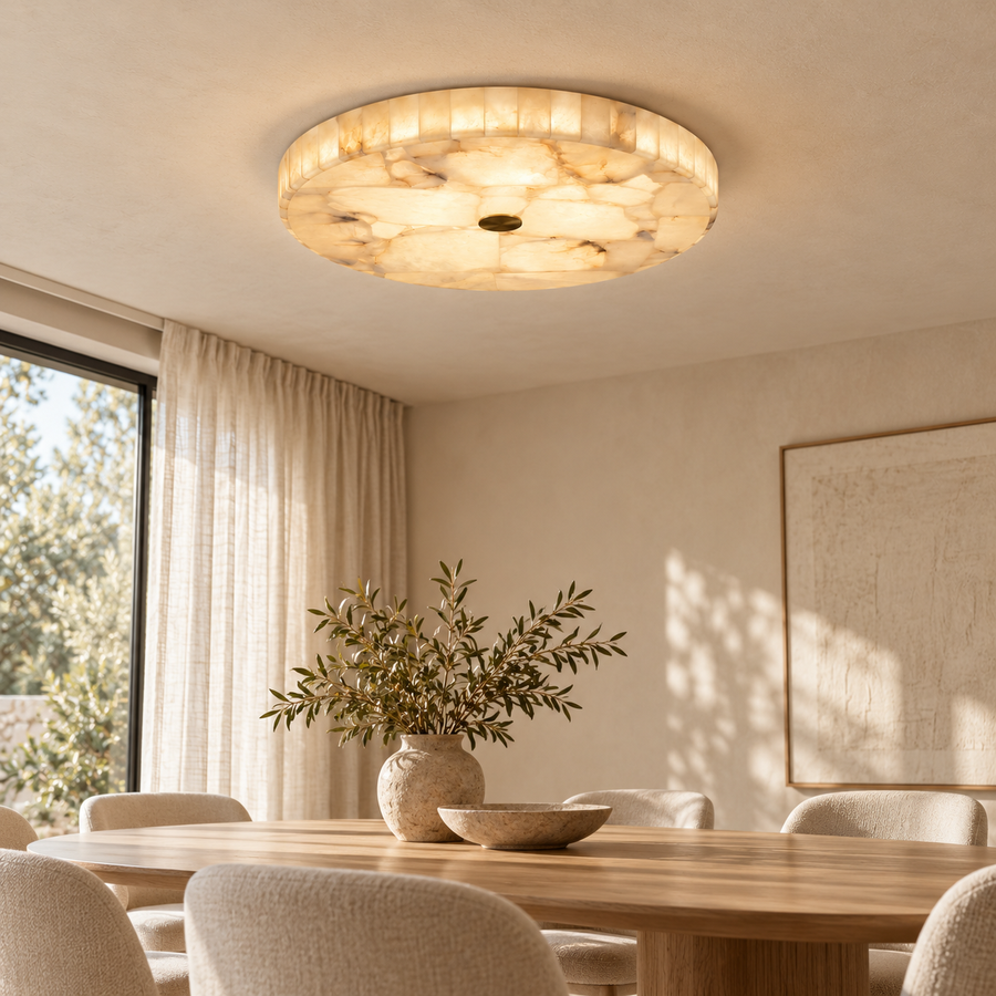 Visualisation d’ambiance — Sélène Ø 60 cm en blanc chaud dans une salle à manger