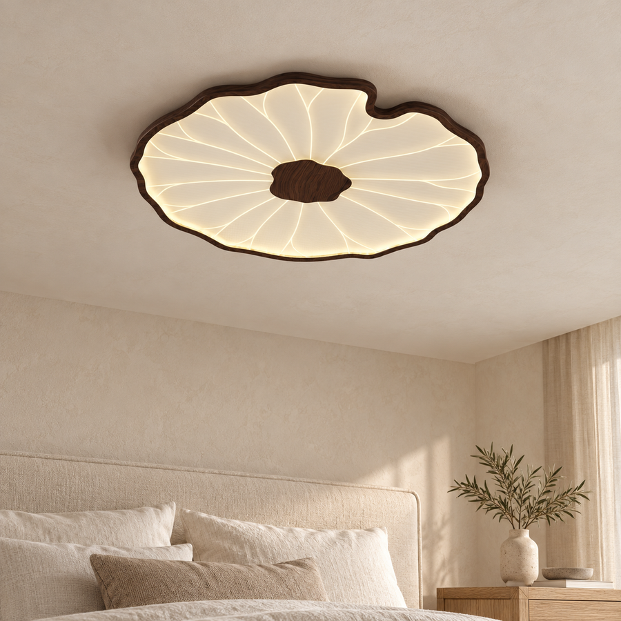 Solara en finition noyer, une feuille, lumière chaude dans une chambre