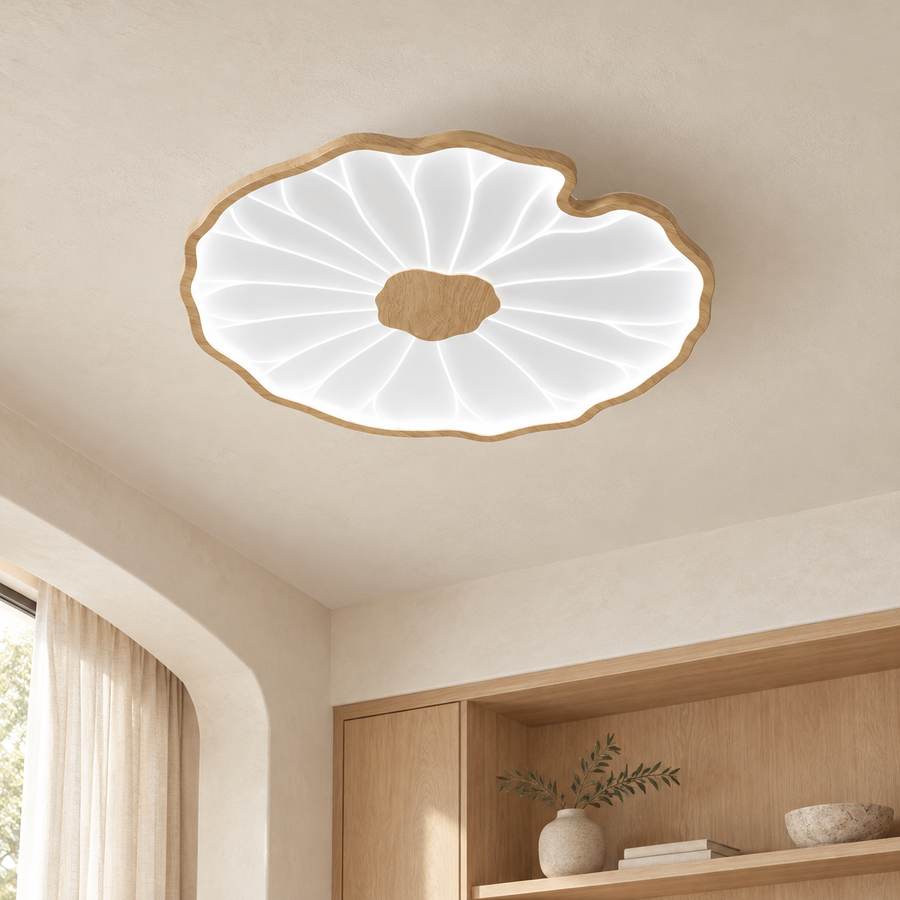 Solara en finition bois naturel, une feuille, lumière froide dans un intérieur clair