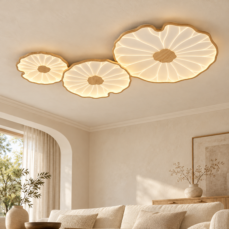 Solara, trois feuilles finition bois naturel, lumière chaude dans un salon