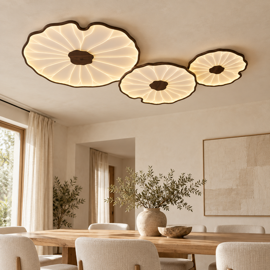 Solara, trois feuilles finition noyer, lumière chaude au-dessus d’une table