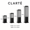 Clarté — borne extérieure — hauteurs 30, 40, 60 et 80 cm ; corps 11 × 11 cm ; socle 15 × 15 cm
