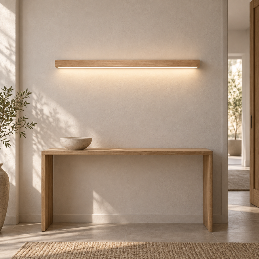 Ligna — applique allumée au-dessus d’une console dans une entrée