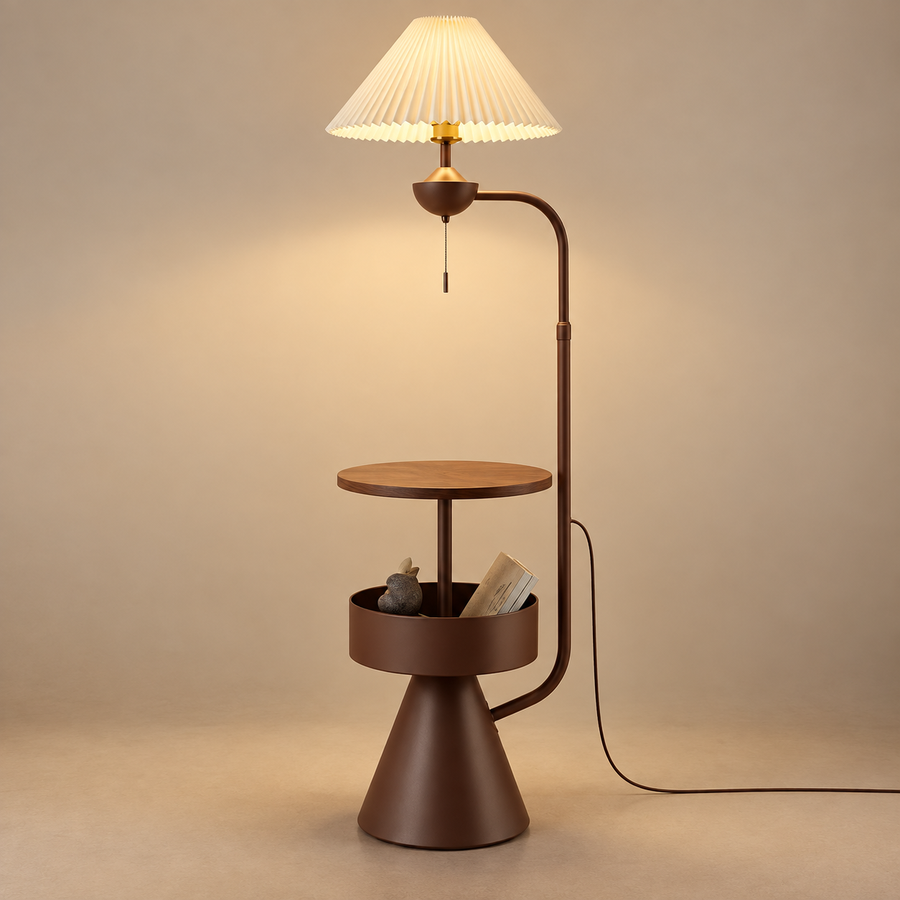 Nexus — lampadaire à abat-jour plissé et tablettes — brun
