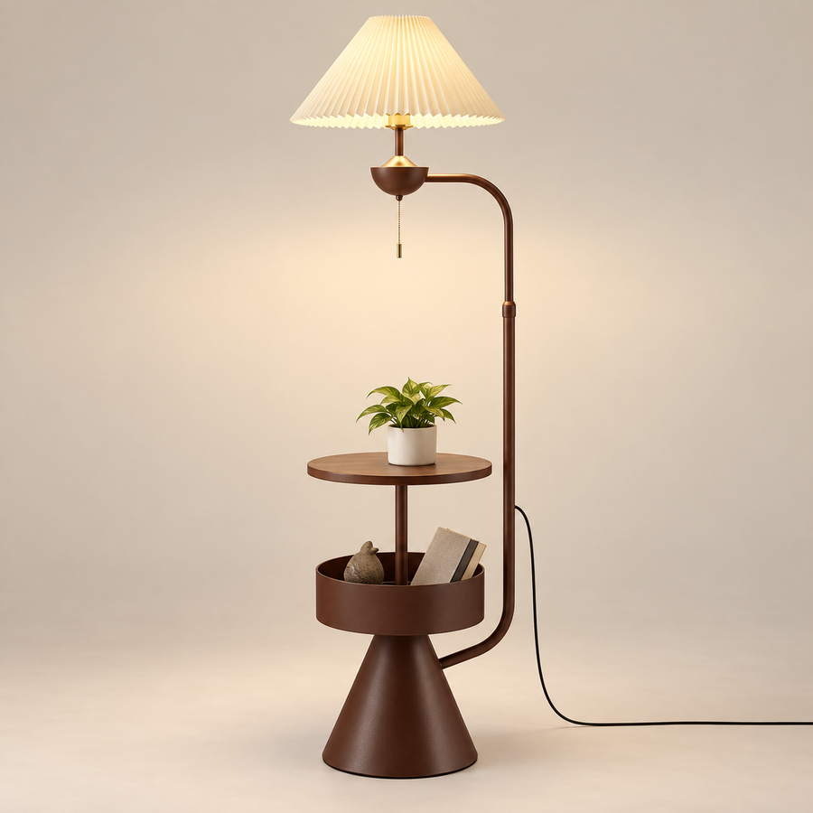 Nexus — lampadaire à abat-jour plissé et tablettes — brun