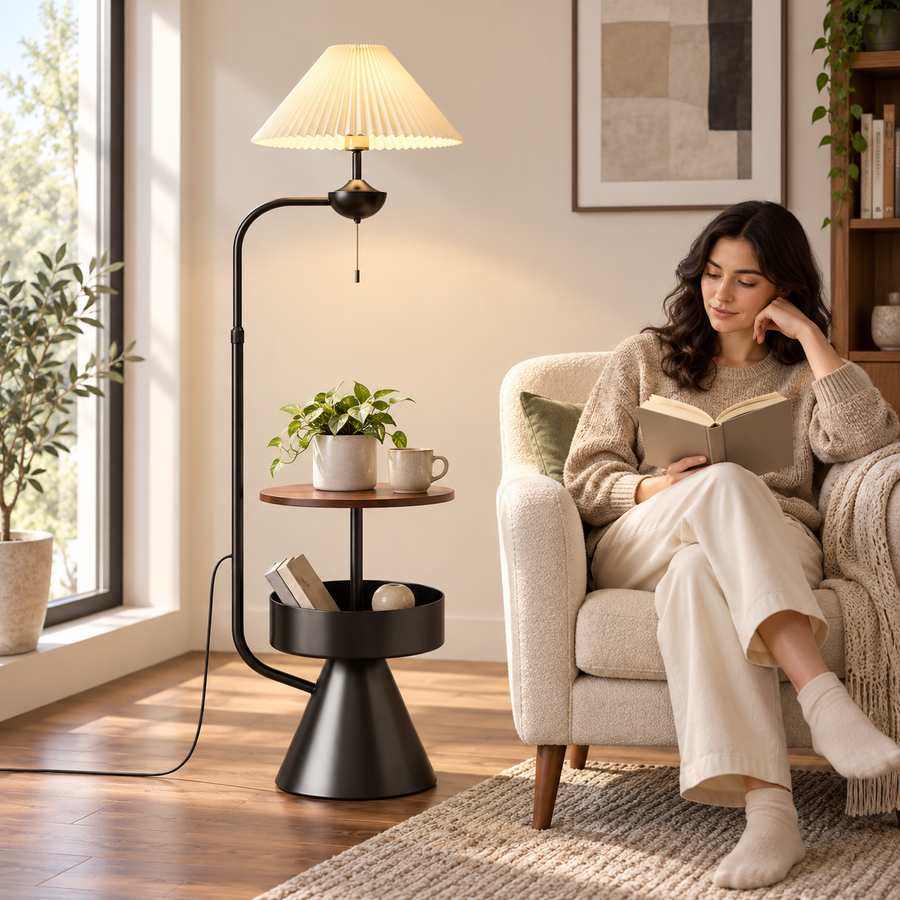 Nexus — lampadaire à abat-jour plissé et tablettes — noir