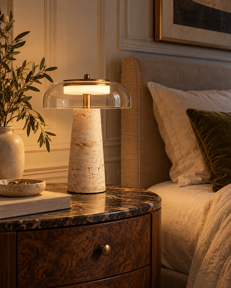 Lampe Oréa en travertin et verre transparent sur une table de chevet